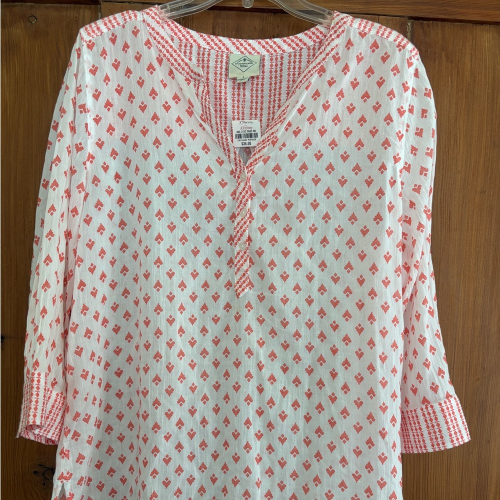 NWT St. John's Bay White and Coral Printed Tunic Top L